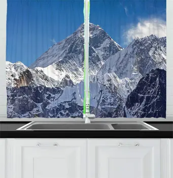 

Sea Blue Multicolor Snow Mountain Kitchen Curtains Mount Everest Highest Peak Landscape Image at Himalayan Range Window Drapes