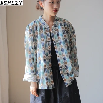 

Floral Print New Fashion All-match Women Cardigan Shirt Autumn Simple Vintage Cotton Linen 4 Color Female Shirts