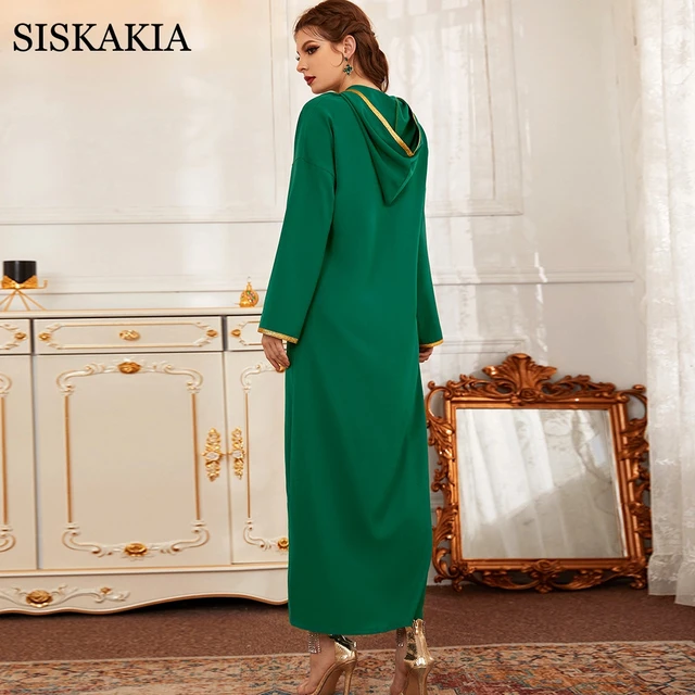 Siskakia Gold-Rimmed Hooded Moroccan Caftan Green Hand-Stitched Rhinestone Maxi Dresses for Women Long Sleeve Dubai Arabic Abaya 2