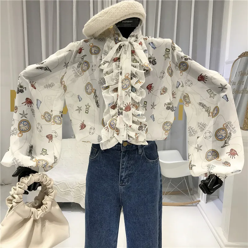 

See Through Top Women Sexy Shirt Print 2020 Spring Office Lady Chiffon Lantern Sleeve Women Tops Blusas Femininas Elegante