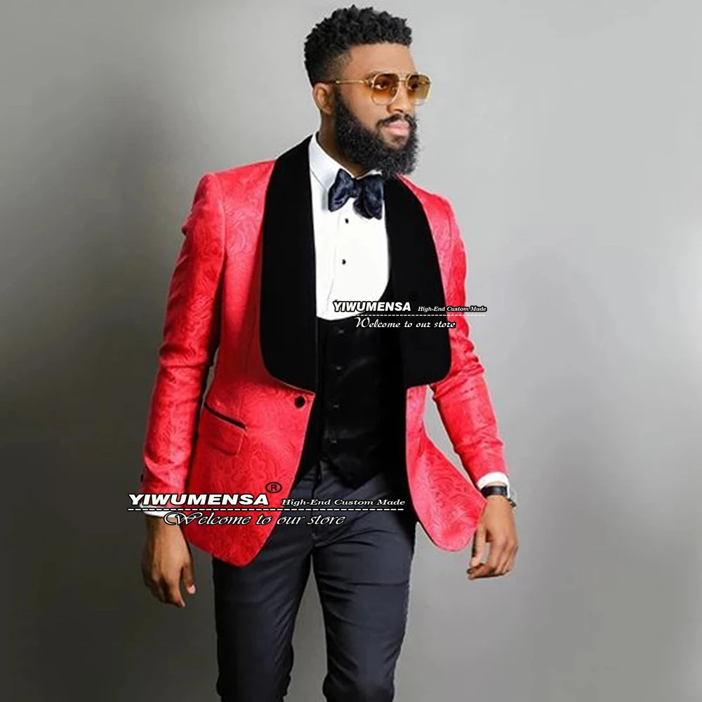 

Handsome Red Floral Suits For Mens Wedding Tuxedo Black Peaked Laple Jacquard Smoking Blazer Hombre Tailor-Made Costume Homme