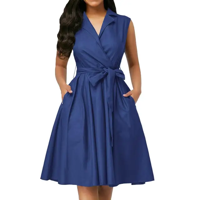 Women Dresses Sleeveless Notched Solid Navy Blue With Bow Sashes Summer A-line Beach Office Dress 2021 burgundy Party Vestidos 1