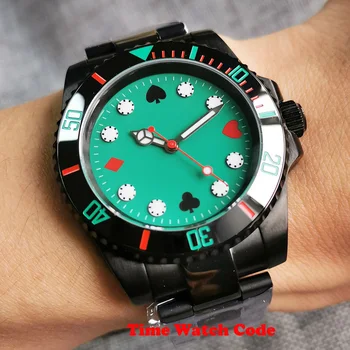 

Tandorio Fully Black 40mm Poker Automatic Men's Wristwatch Green Dial sapphire glass PVD Coated Luminous Hands Oyster Bracelet