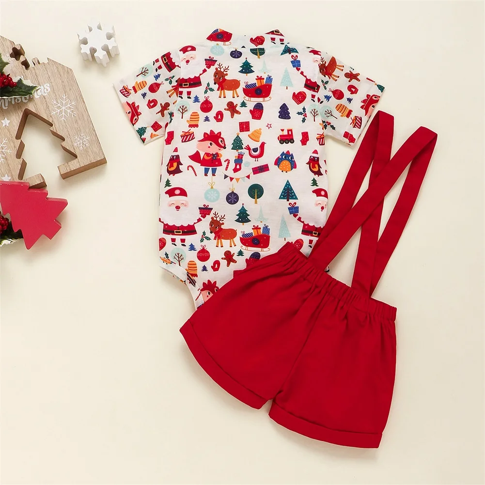 Одежда для новорожденных; одежда для маленьких мальчиков; Рождественский комбинезон с короткими рукавами и Санта-Клаусом; комбинезон на лямках; праздничная одежда