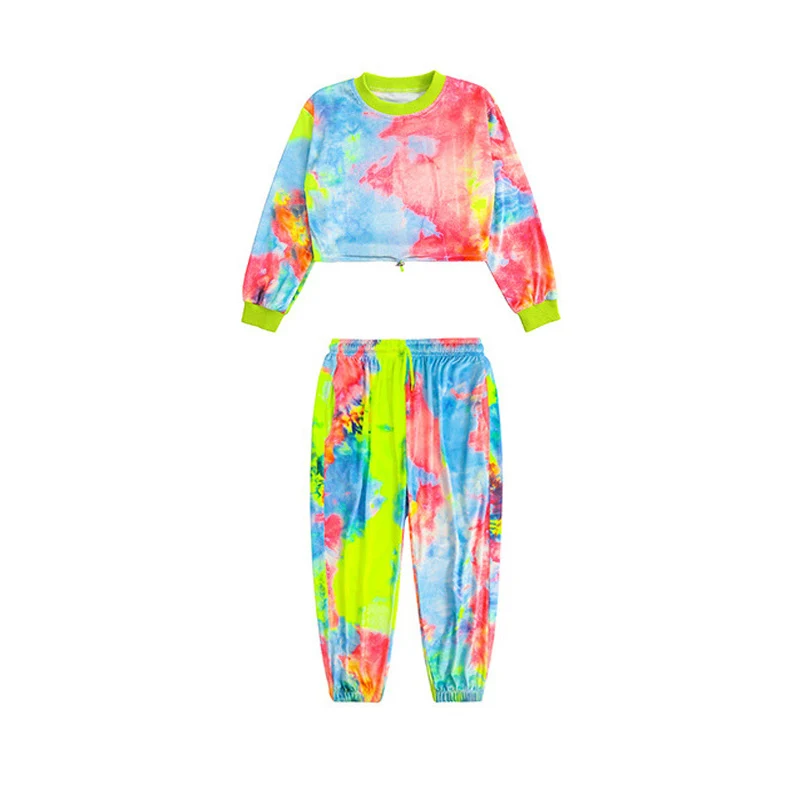 Kid Cool Hip Hop Clothing Velvet Sweatshirt Crop Top Long Sleeve Shirt Streetwear Pants for Girls Jazz Dance Costume Clothes