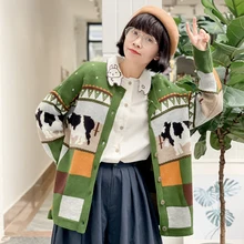 Новинка, зимний винтажный дизайн, женский осенний свитер, пальто, Женский вязаный кардиган, однобортный, с круглым вырезом, с рисунком коровы, жаккард