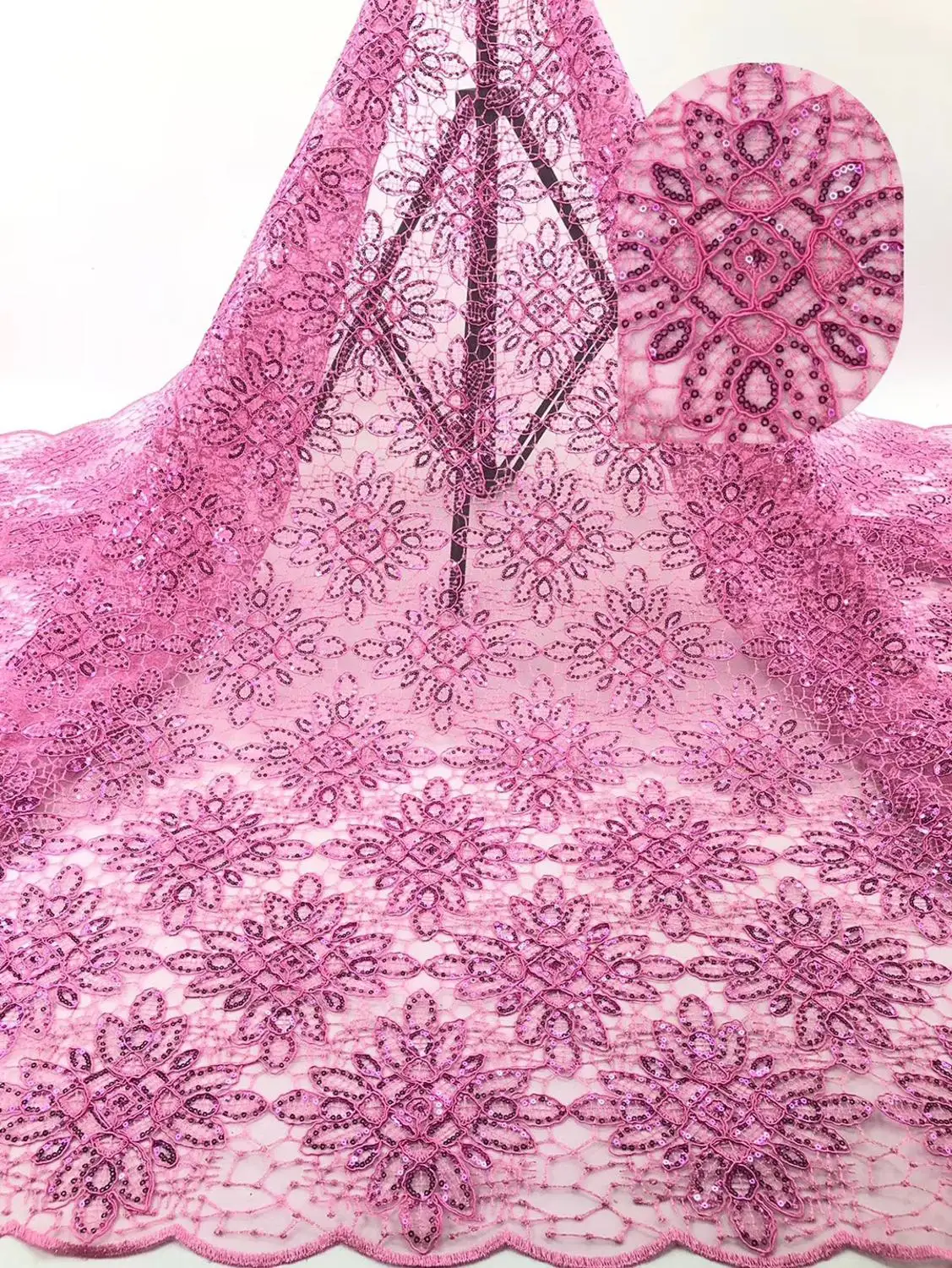 

NIAI Pink Latest French Nigerican Sequins Mesh Lace Fabric 2019 High Quality African Laces Fabric For Wedding Dress NI2157-7