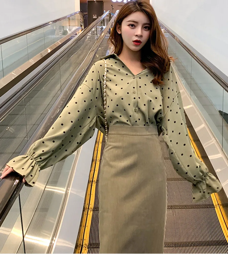 Avocado Green 2 Piece Sets Women Skirts Suits +Dots Blouse Chiffon ...