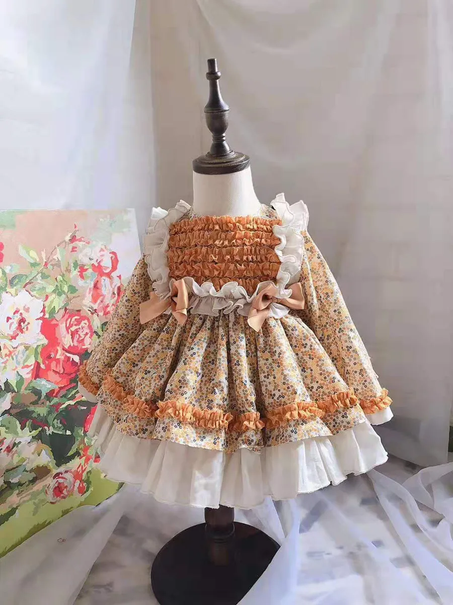 3 предмета, осенне-зимнее винтажное испанское платье для девочек бальное платье принцессы с помпоном вечернее платье Лолита для девочек, платье с длинными рукавами и бантом