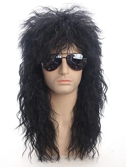 

70s 80s Halloween Costumes Rocking Dude Black Curly Synthetic Hair Wigs Punk Metal Rocker Disco Mullet Cosplay Wig ( no glasses)