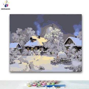 

DIY Coloring paint by numbers a house covered with snow paintings by numbers with kits 40x50 framed
