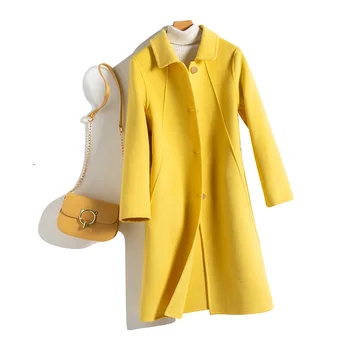 

Autumn Winter Wool Solid Color Double-sided Woolen Jacket Female Long Section Cashmere Suit Collar Yellow Woolen Outerwear Z650