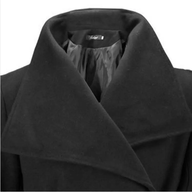 Зимнее женское Шерстяное Пальто-жакет с тонким воротником, длинное пальто с длинным рукавом, Повседневная теплая кашемировая верхняя одежда, женская черная