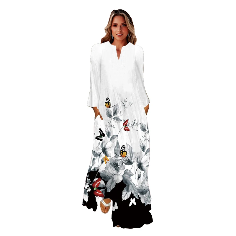 MOVOKAKA Feather Print White Dress 2022 Long Sleeve V-neck Casual Breathable Dresses Woman Elegant Girls Autumn Long Dress Women 4