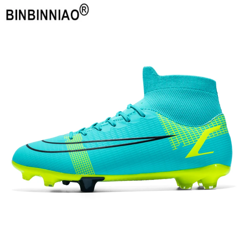 

BINBINNIAO New Men Kids Football Boots FG/TF Turf Soccer Shoes Cleats High Ankle Unisex Sport Sneakers Dropshipping