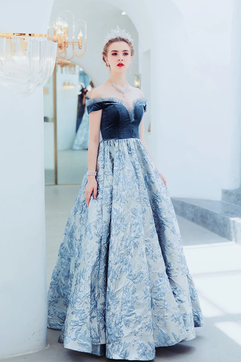 luxury baroque blue ruffled emboss rococo ball gown long dress vintage medieval dress Renaissance princess Victoria dress