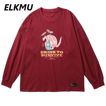 

ELKMU Funny Drink To Survive Print Tees Shirts Streetwear Men 2020 Harajuku Hip Hop Casual Loose Tshirts Long Sleeve HE136