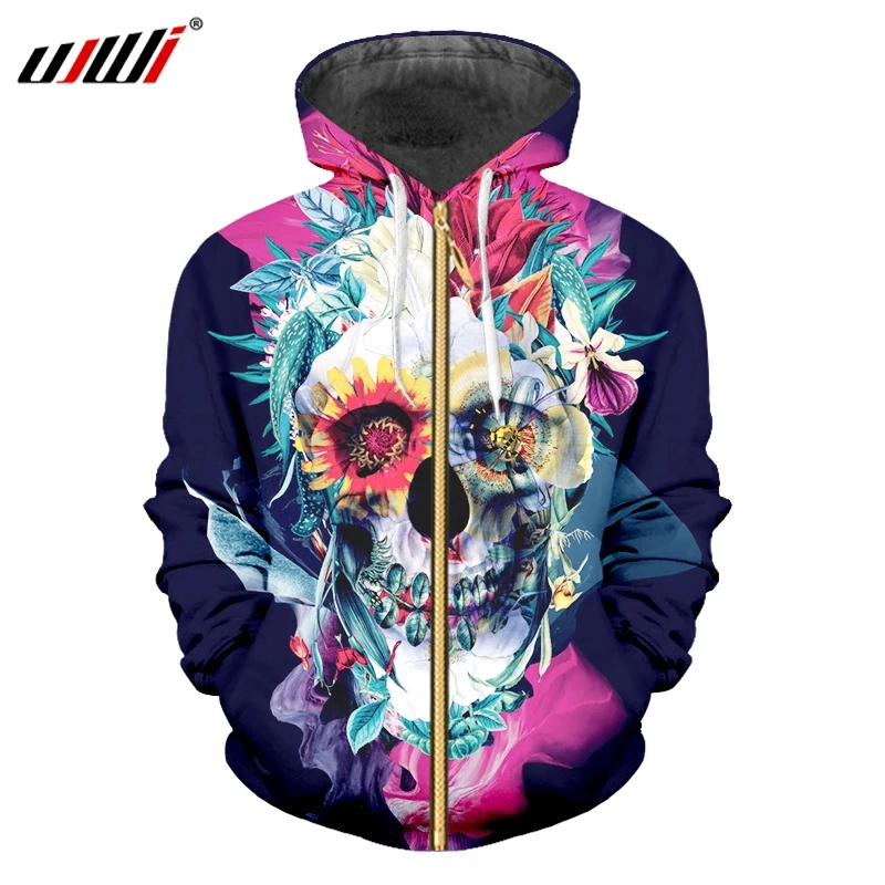 UJWI цветочный лист череп креативные толстовки на молнии для мужчин/женщин