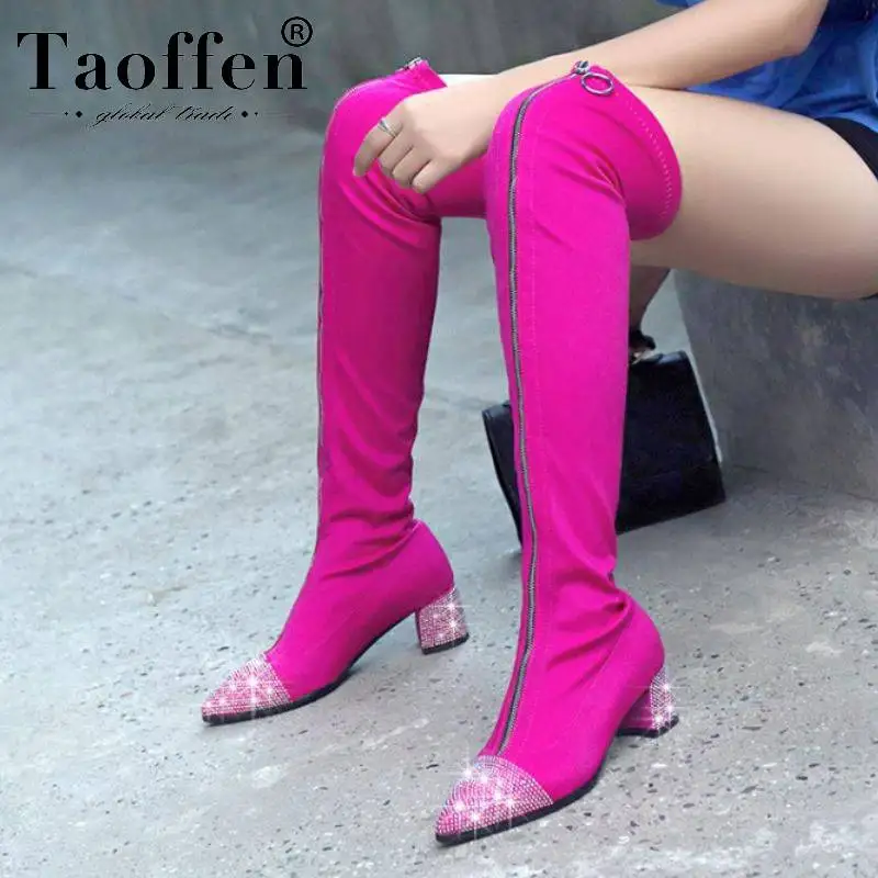 

Taoffen Women Bling Stretch Boots Sexy Party Over The Knee Boots Daily Fashion Winter Warm Shoes Women Chunky Heels Size 32-43