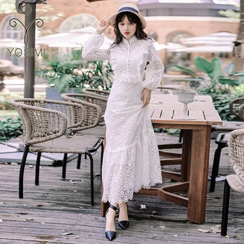 

YOSIMI 2019 White Lace Long Women Dress Autumn Vestidos Full Sleeve Evening Party Elegant Dresses Ankle-Length Fit and Flare