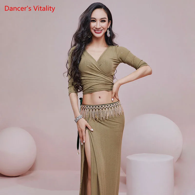 

Belly Dance Suit Bandage Sequins Top Long Skirt Practice Clothes Set Female Adult Temperament Performance Clothing