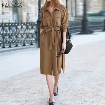 

ZANZEA Women Casual Long Shirts Dresses Long Sleeve Lapel Buttons Down Dress Office Lady Split Hem Knee Length Belted Vestidos