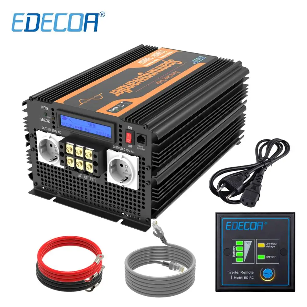 EDECOA UPS inverter pure sine wave 3500W 7000W peak DC 12V to AC 220V power inverter&charger with LCD display remote control