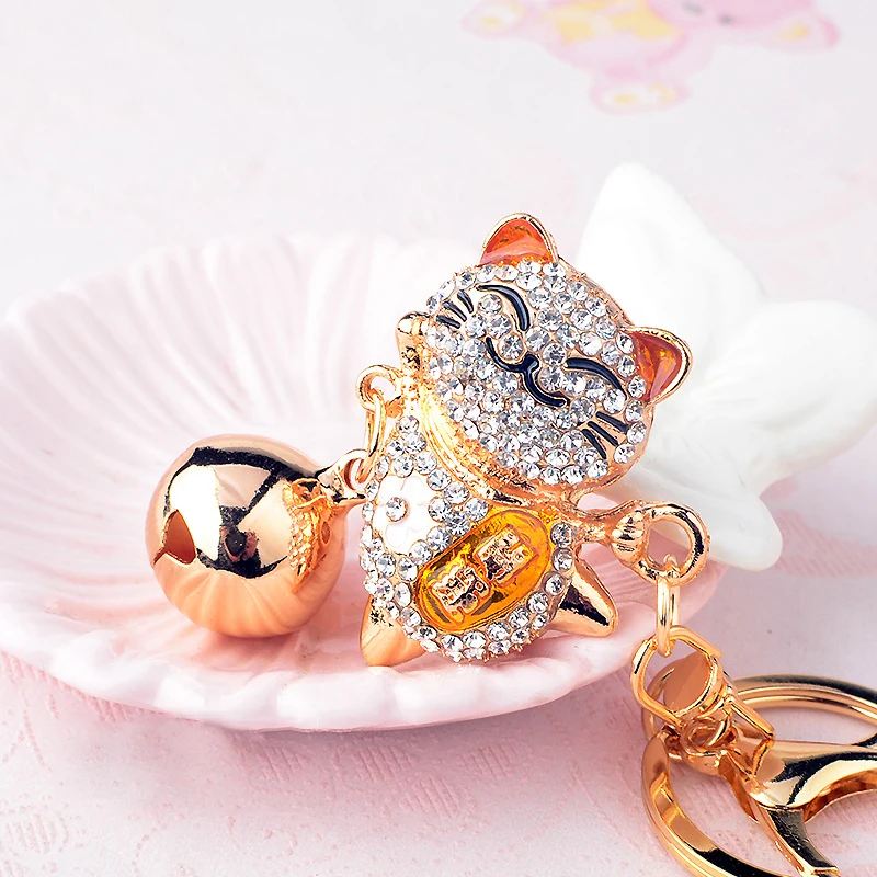 1PC Cute Crystal Car Keychain Women Alloy Big Bell Rhinestone Lucky Cat ...
