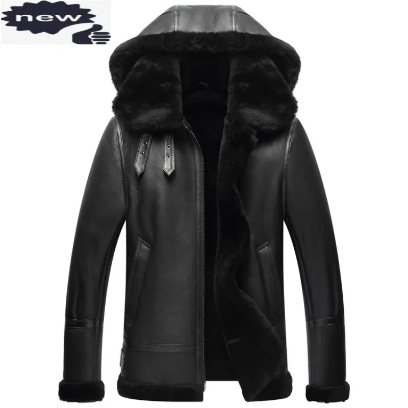 

Shearling Coat Men Winter Thick Wool Liner Hooded Bikers Jackets Sheepskin Real Leather Pilot Jacket Slim Fit Warm Overcoat 4XL