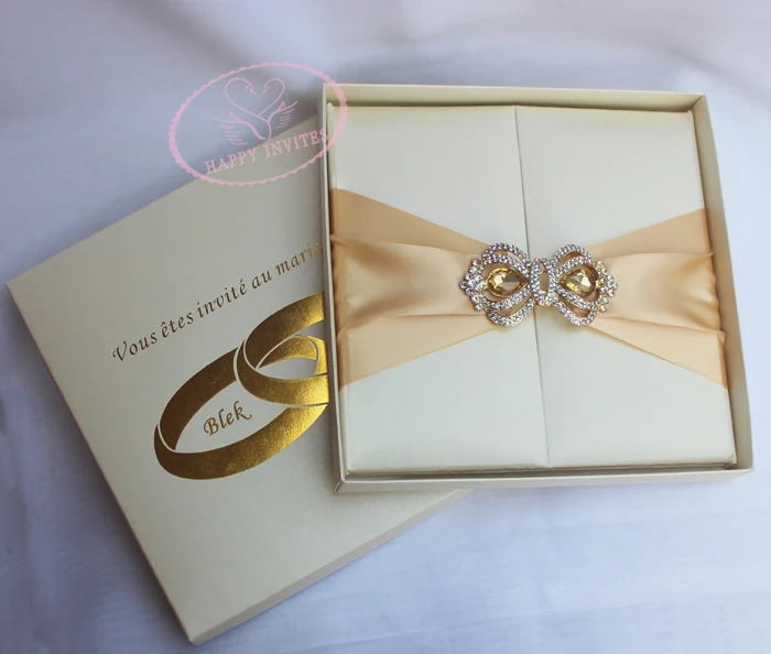 HI2003-133 Customzied Elegant Silk  Wedding Invitation in Beige with Gold Foil Printing & Champagne Gold Ribbon & Gold Grown Booch Made in China More Colors Available