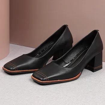 

Women's genuine leather thick high heel sqaure toe dress pumps elegant ladies OL style comfortable party bride shoes for women