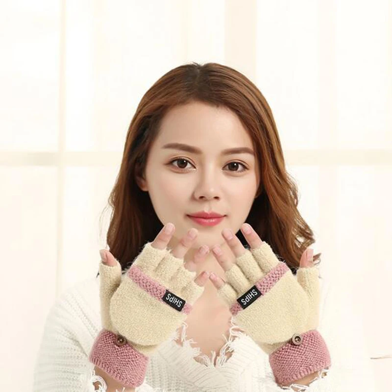 Зимние перчатки с сенсорным экраном, женские и мужские теплые тянущиеся вязаные варежки, женские шерстяные перчатки без пальцев - Цвет: pink and yellow