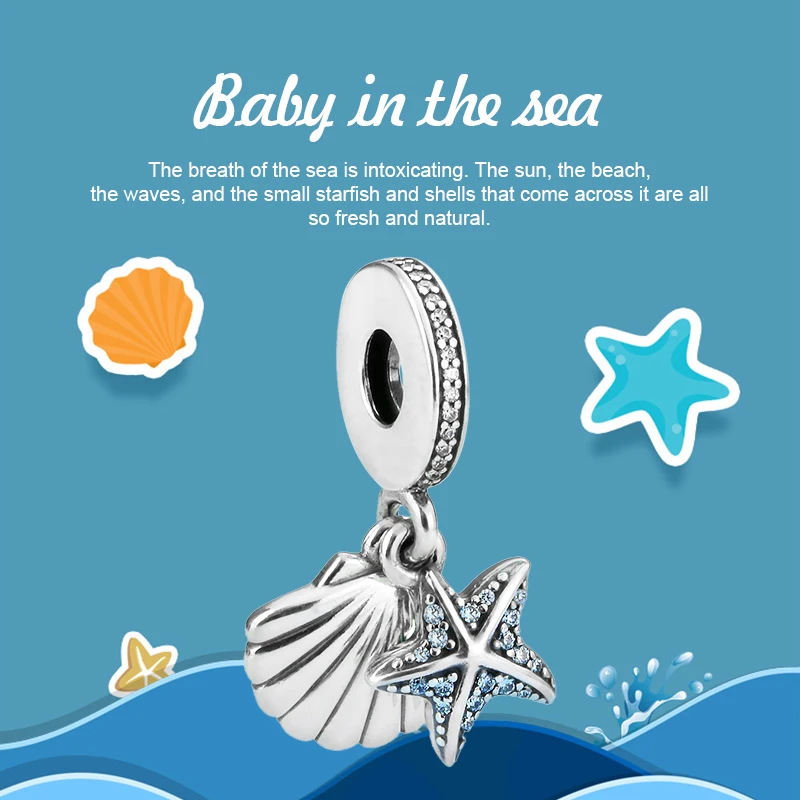 

Strollgirl 100% 925 Sterling Silver Exquisite Blue CZ Starfish & Sea Shell Bead Charm Fit Pandora Bracelet Woman Fashion Jewelry