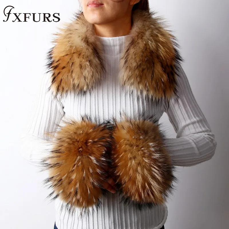 raccoon fur Новые меховые воротники из натурального меха енота, меховые шарфы, набор зимних теплых меховых шарфов, манжеты, кашемировые пальто, аксессуары, роскошные - Цвет: raccoon fur