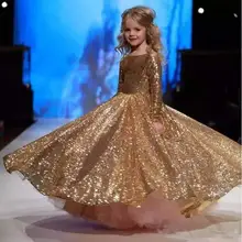 2021 Golden Sequins Flower Girls Dress with Long Sleeve Floor Length A Line Formal Pageant Party Dresses for Toddler Infant
