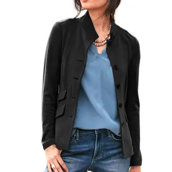 

Women Casual Solid Color Stand Collar Button Pockets Blazer Coat Jacket Outwear Stand Collar Button Closure with Pockets Blazer