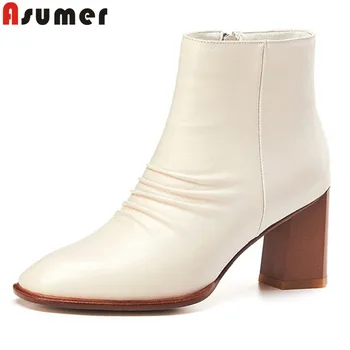 

ASUMER fashion genuine leather boots square toe zip ladies ankle boots high heels shoes autumn winter boots 2020 new