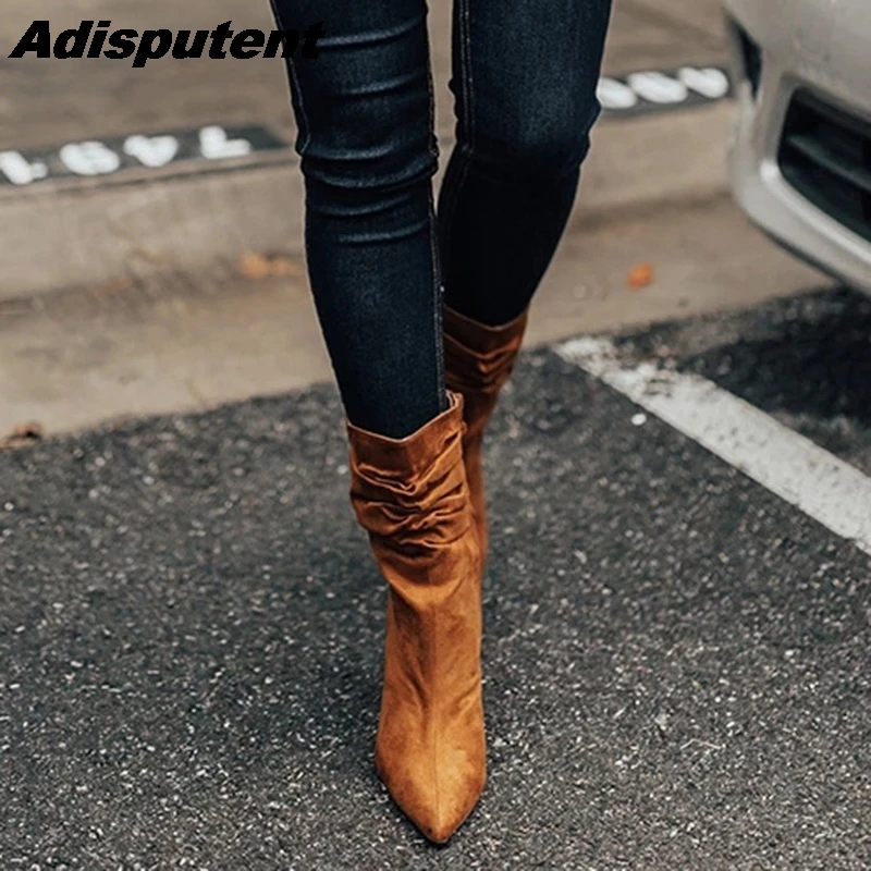 Adisputent; женские модные ботинки на платформе; ботинки до середины икры; женская Повседневная Теплая обувь на низком каблуке без застежки; сезон зима