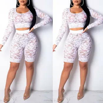 

Women Two Pieces Set Lace See-through Long Sleeve Crop Top Pants Set Summer Sexy 2 Pieces Set