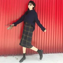Женская Осенняя юбка Толстая Клетчатая Шерстяная Юбка длинная секция Ретро Высокая юбка с тонкой талией для женщин