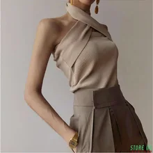 Однотонный сексуальный женский свитер без рукавов с бретельками на шее, с открытыми плечами, тонкий вязаный Топ, женская мода, лето, новинка