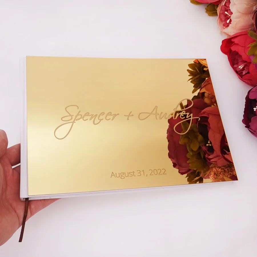 Horizontal Personalized Album Mirror White Blank Wedding Signature Guestbook Acrylic Sticker Check in Book 10x7 Inches