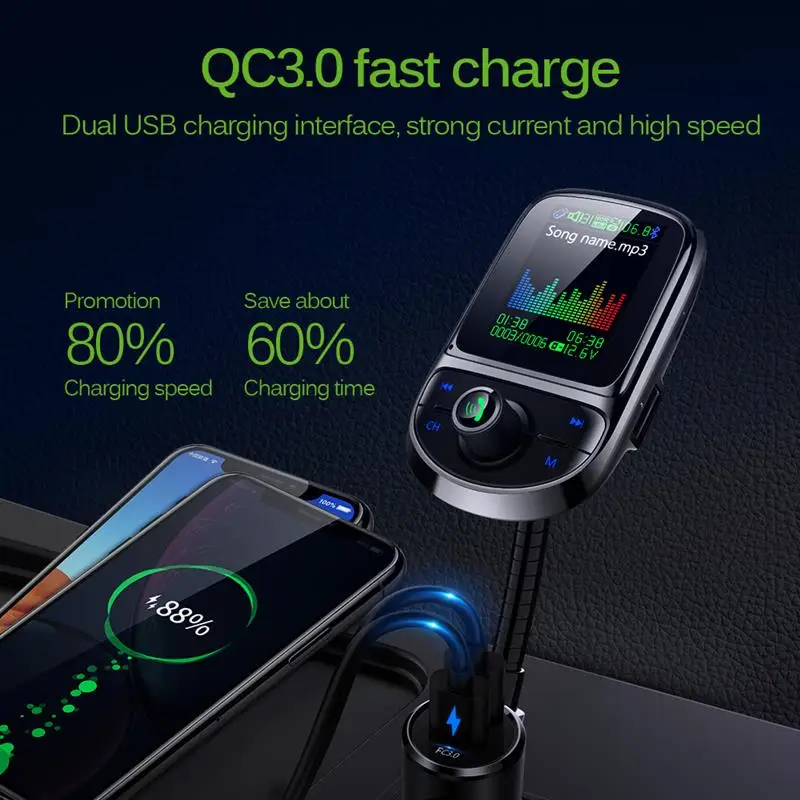 Onever HIFI Colorful Screen Car FM Transmitter Support USB TF Card Bluetooth 5.0 AUX Fast Charging Hands Free Mp3 Player