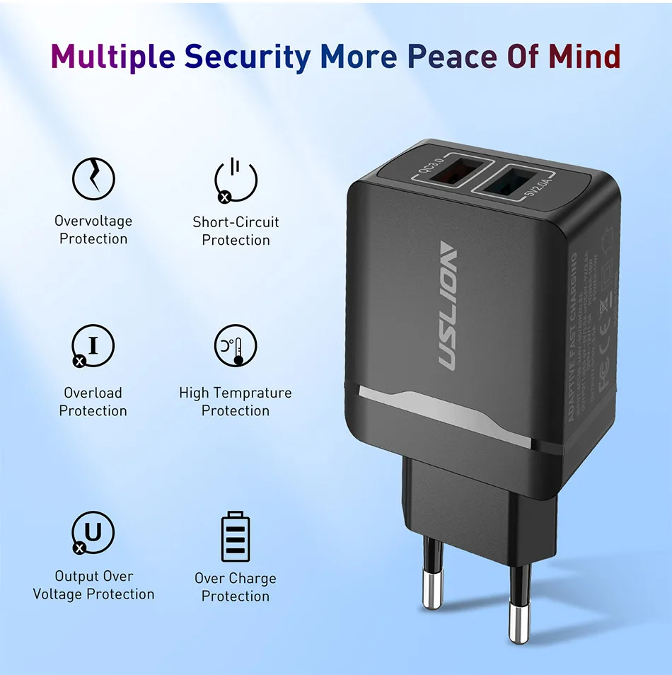USLION EU Plug Dual USB зарядное устройство Быстрая зарядка 3,0 зарядное устройство для быстрой зарядки мобильного телефона s для iPhone XS X samsung Galaxy S9 S10 Plus