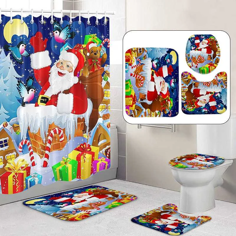 Merry Christmas набор для ванной, снеговик, Санта Клаус, лось, узор, водонепроницаемый, занавеска для душа, крышка для туалета, коврик, нескользящий, ковер, домашний декор
