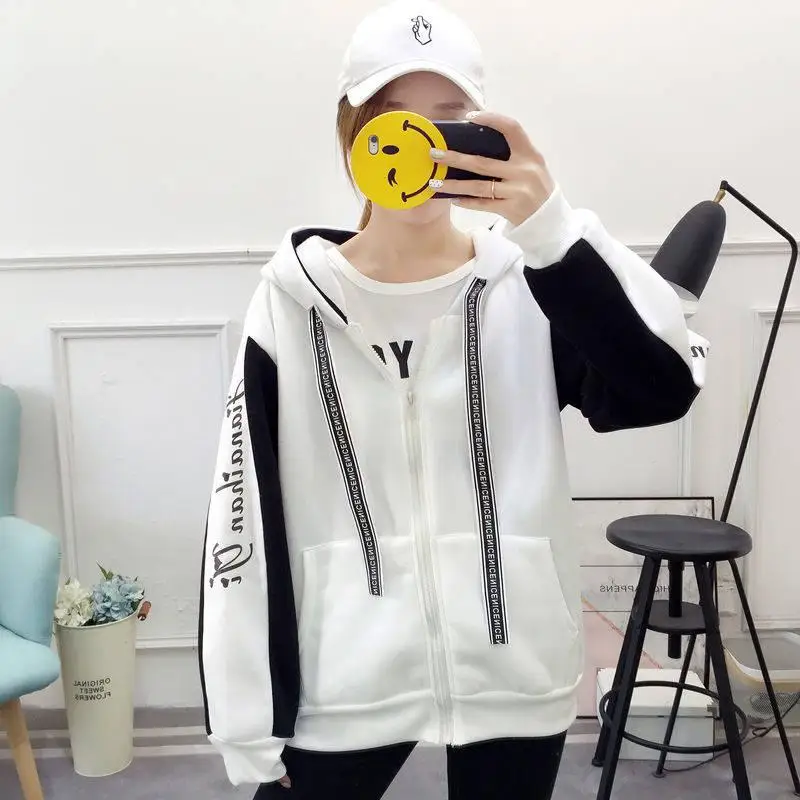 Autumn Winter Women's Sweatshirts Plus Velvet Thickening Hooded Korean Version Of The New Couple Zipper Jacket Harajuku Tops - Цвет: white