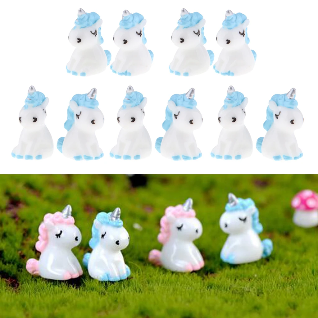 10Pcs Lovely Miniature Mini Unicorn Christmas DIY Resin Fairy Home Garden Craft Bonsai Dollhouse Succulent Ornaments Gifts Blue