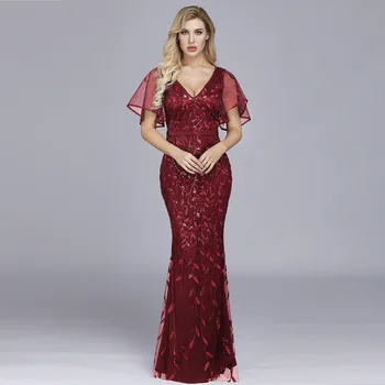 

Elegant Lady Appliques Butterfly Sleeve Long Mermaid Evening Party Dress Sexy Slim Tulle V-neck Prom Gown Burgundy Vestidos