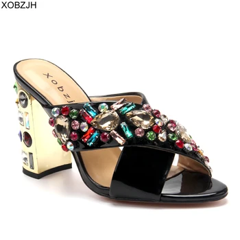 

Slippers Women Shoes Summer High heels luxury Sandals 2019 Brand Designer wedding Black Rhinestone Sandals open toe Shoes Woman