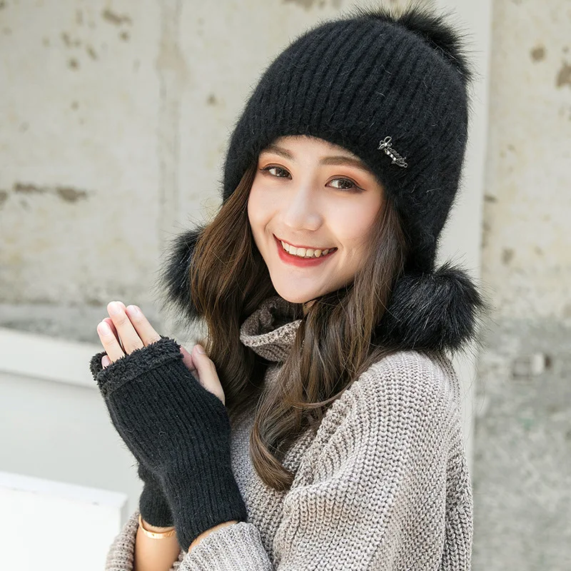 Утолщенная зимняя шапка для девочек, новые модные помпоны из искусственного меха, зимняя женская шапка, женские шапки, теплые перчатки и вязаная шапка, комплект - Цвет: BLACK